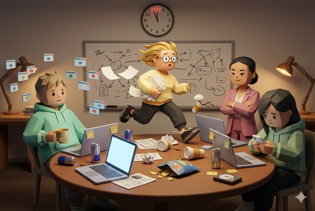 Four FBTI personalities at a cluttered round table, deep in panicked group-project mode at 11:58pm.